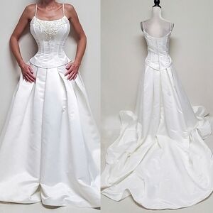 Vintage Mon Cheri Pearl Satin Crystal Corset A-line Royal Train Wedding Dress